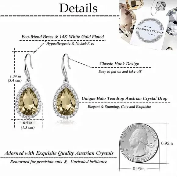 14K White Gold with Champagne Topaz Austrian Crystal Teardrop Halo Hook Earrings
